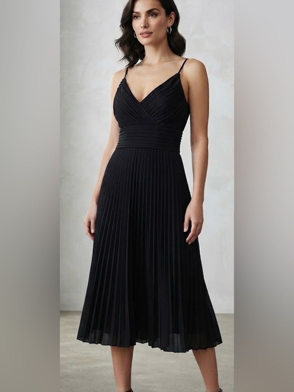 COAST Black Pleated Wrap Midi Dress Size 10 Ruched Waist Spaghetti Strap